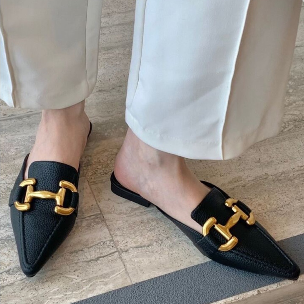 Black Mules with Gold Accent NIB
